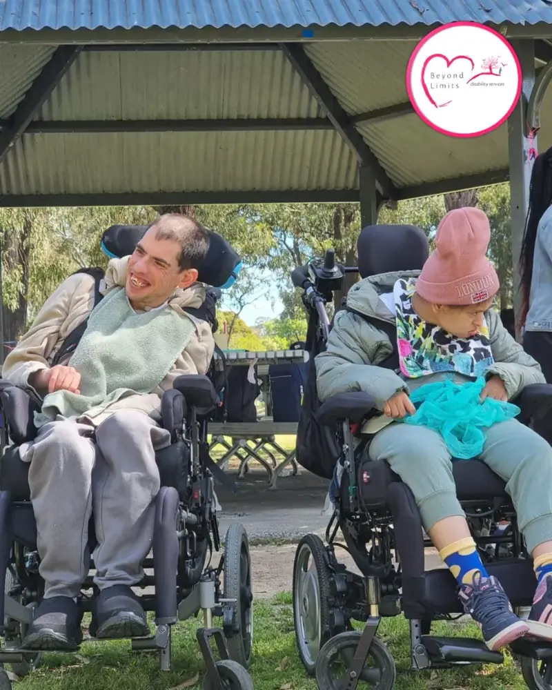Two participants in wheelchairs enjoying time together at a park shelter