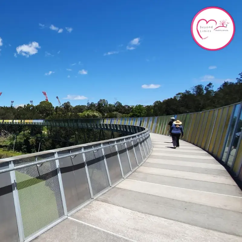 A participant walking along a treetop bridge walkway on a sunny day